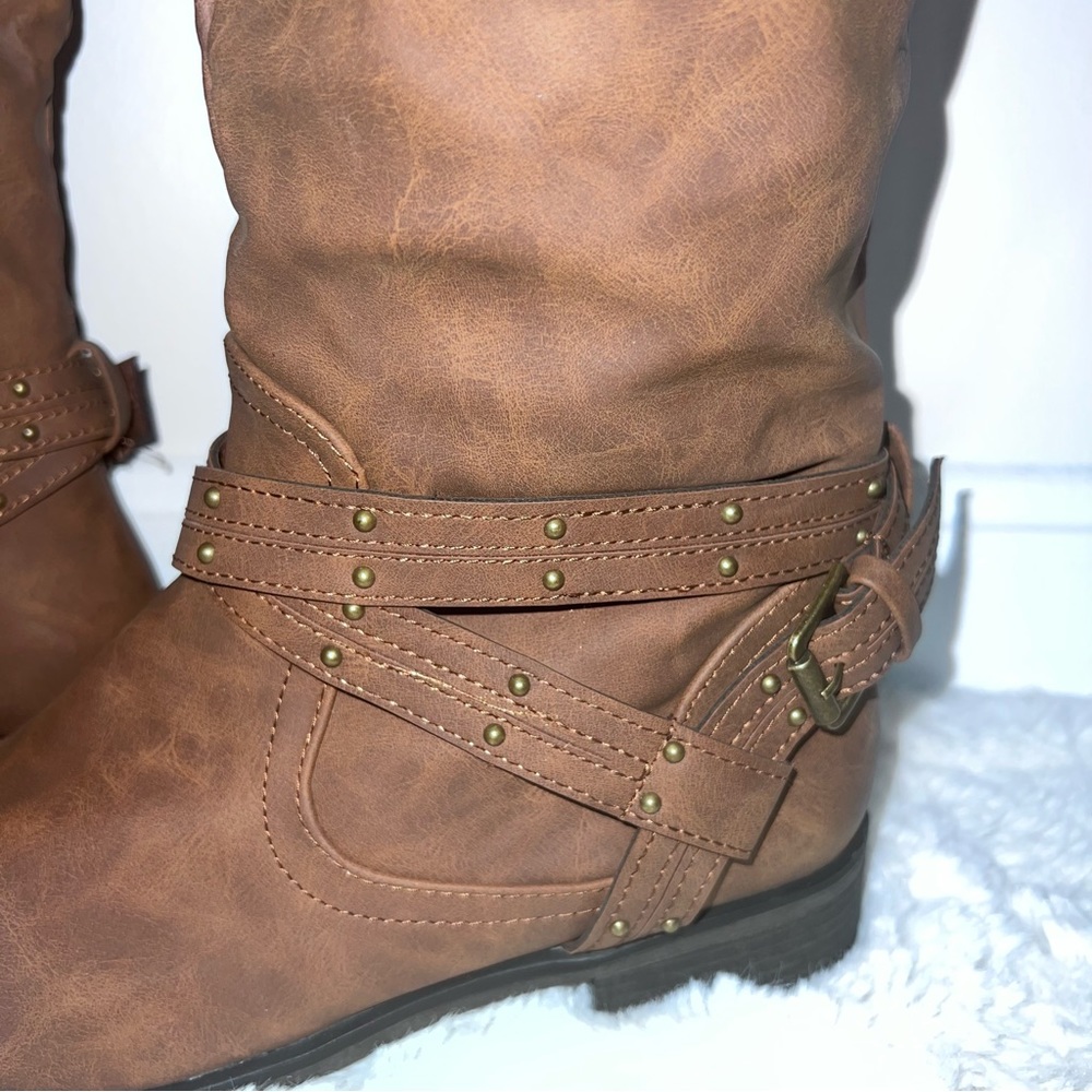 Classic Brown XOXO Cowgirl Riding Boots with Stud Buckle - Picture 5 of 13